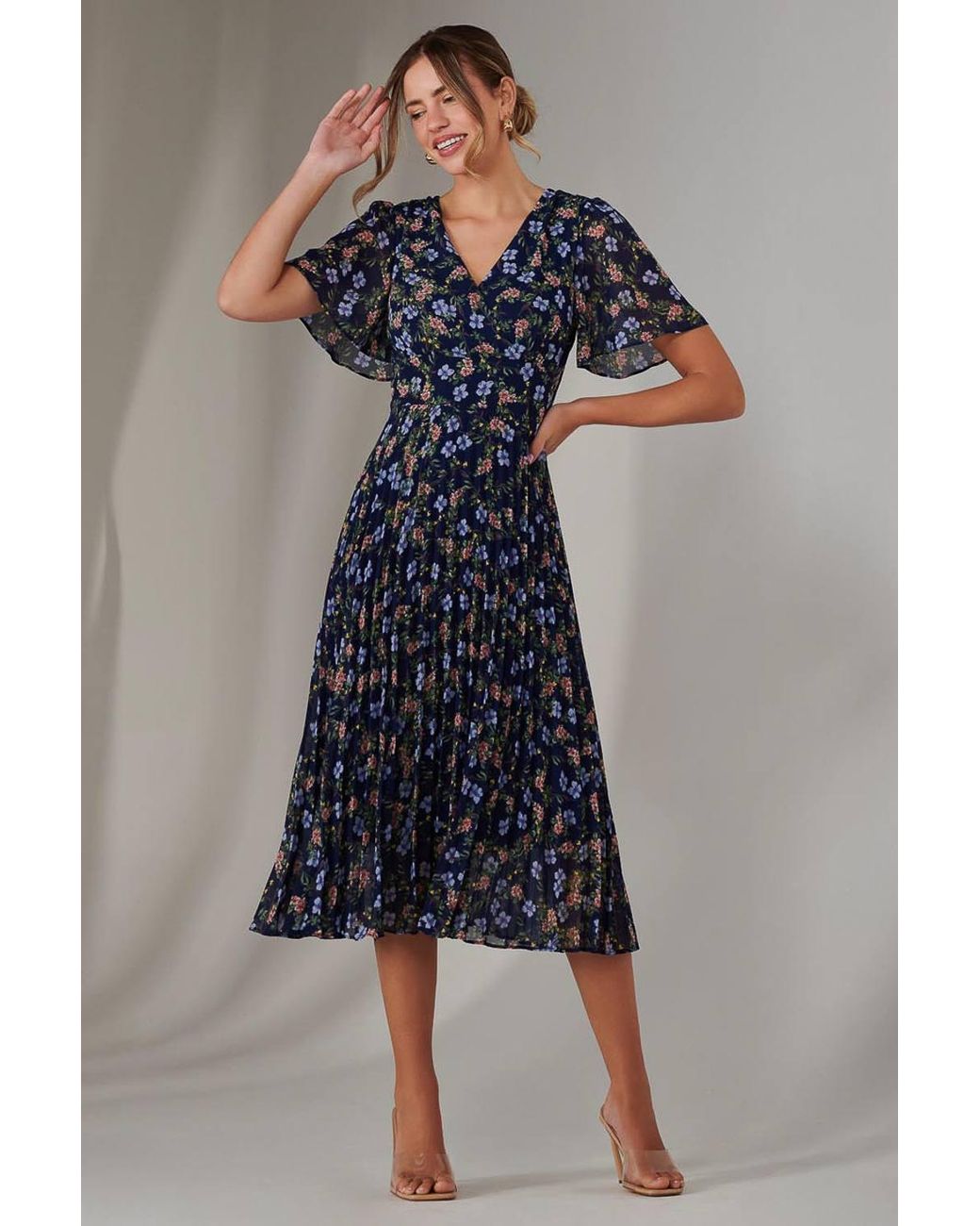 Jolie Moi Blue Chiffon Pleated Wrap Midaxi Dress