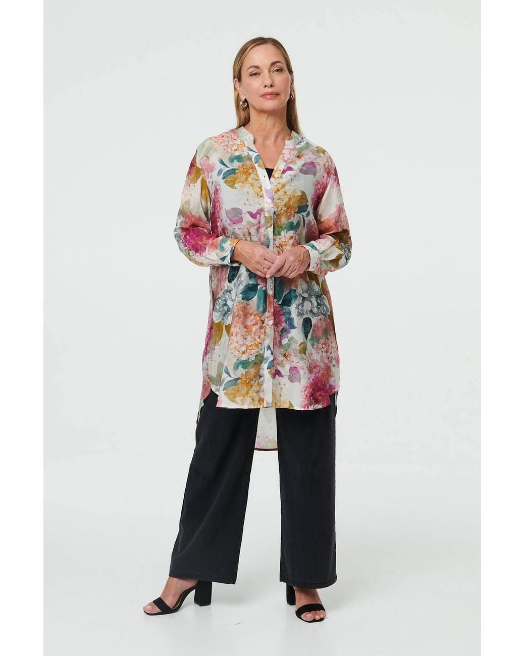 Izabel London Red Floral Long Sleeve Longline V-Neck Shirt