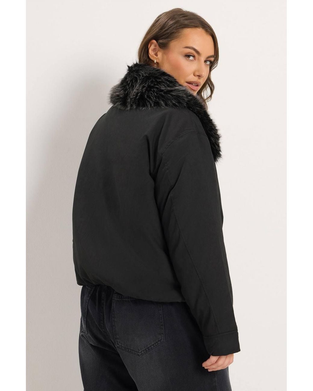 Yours Black Faux Fur Trim Bomber Jacket