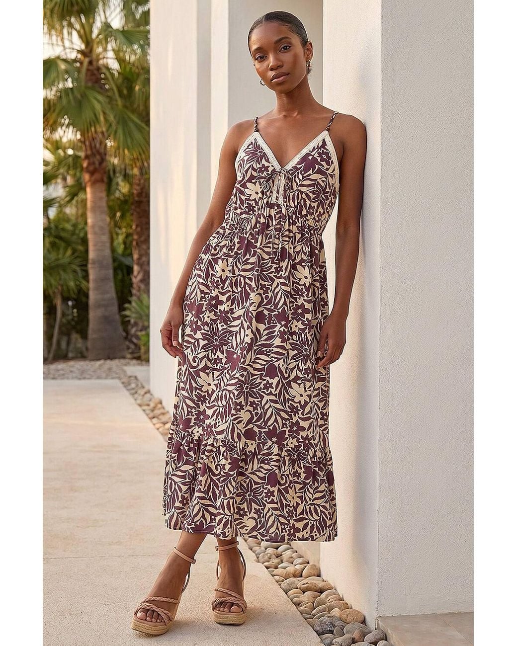 Roman Brown Petite Abstract Crochet Trim Dress