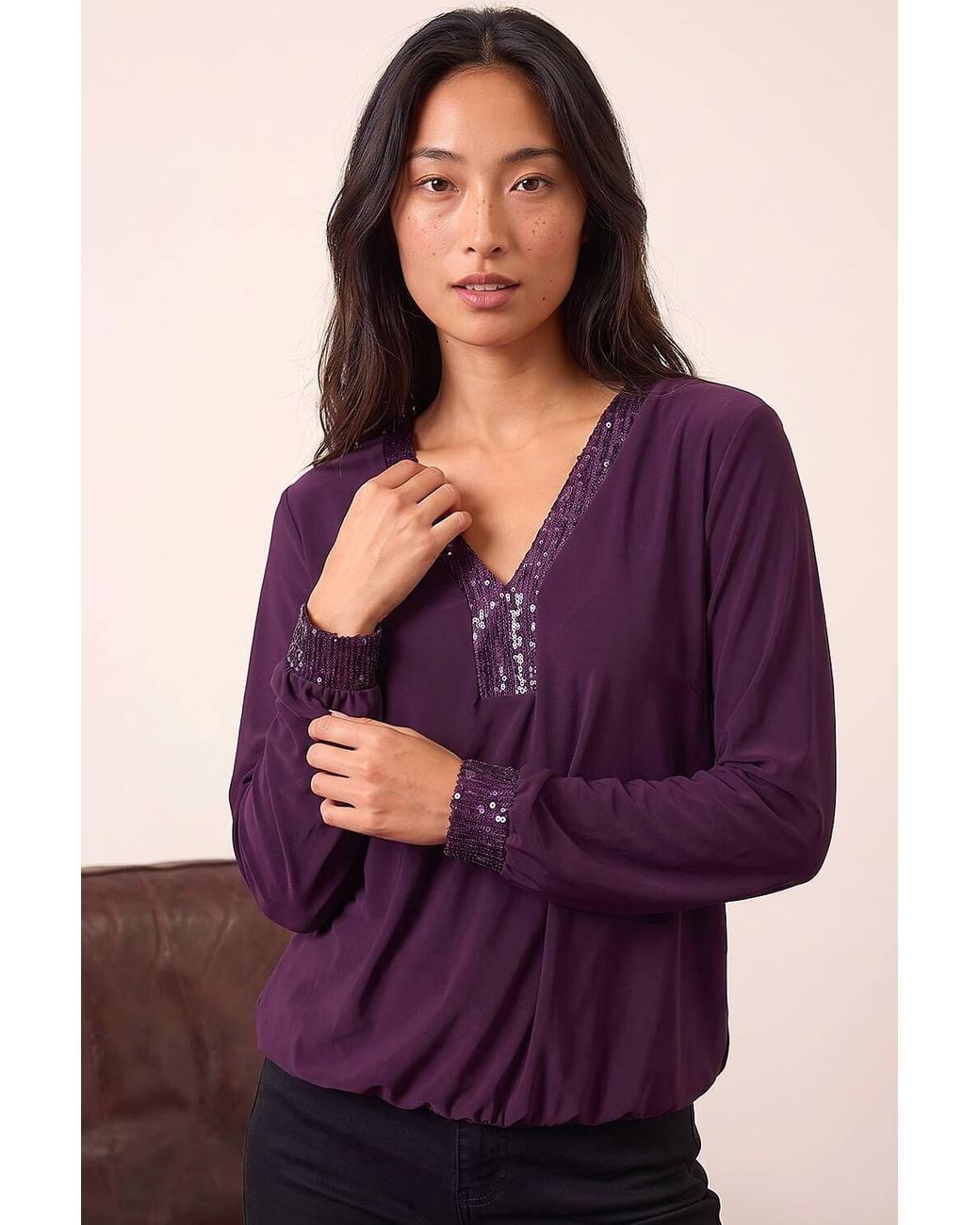 Roman Purple Petite Sequin Trim Blouson Top