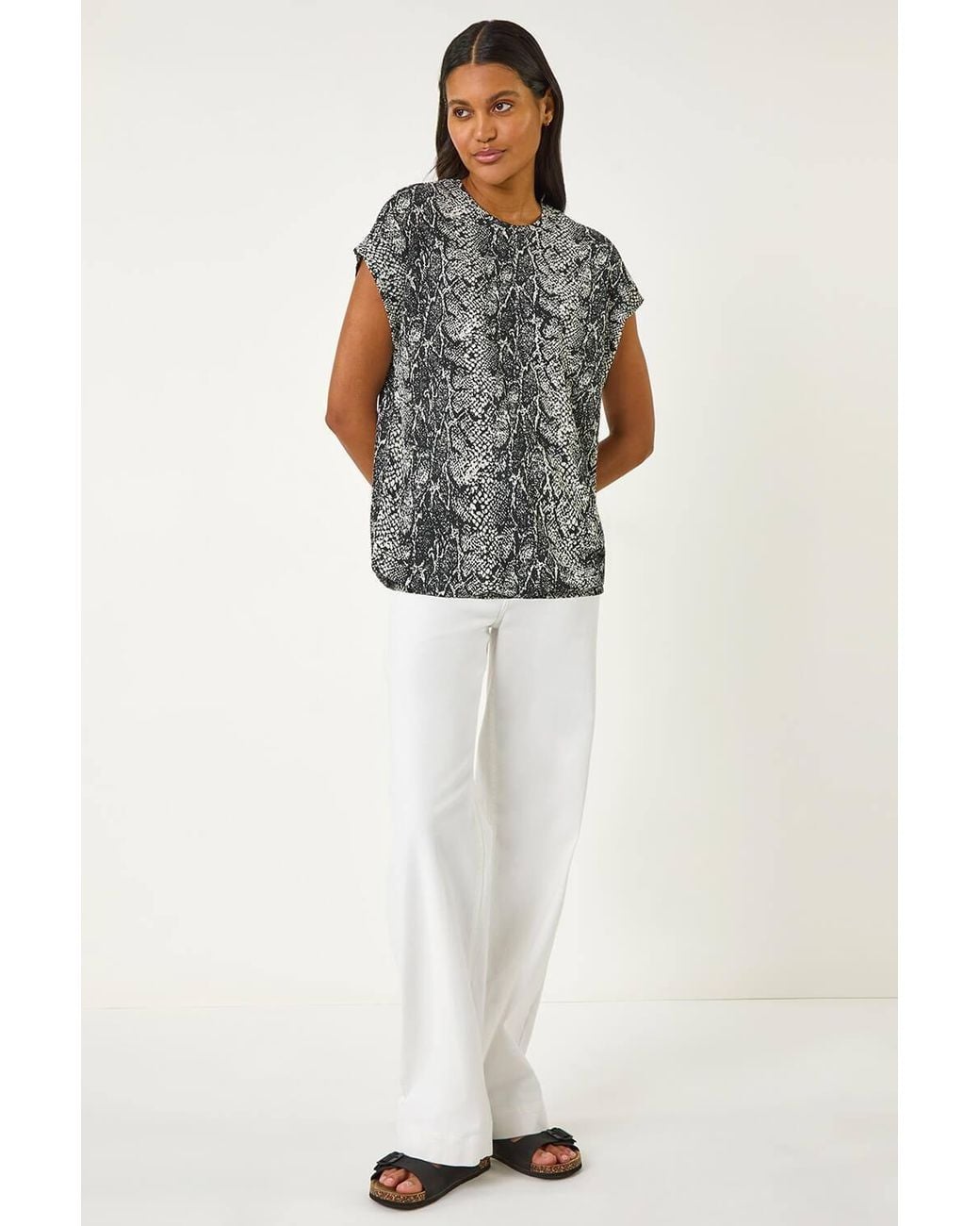 Roman Gray Geo Print Bubble Hem Top