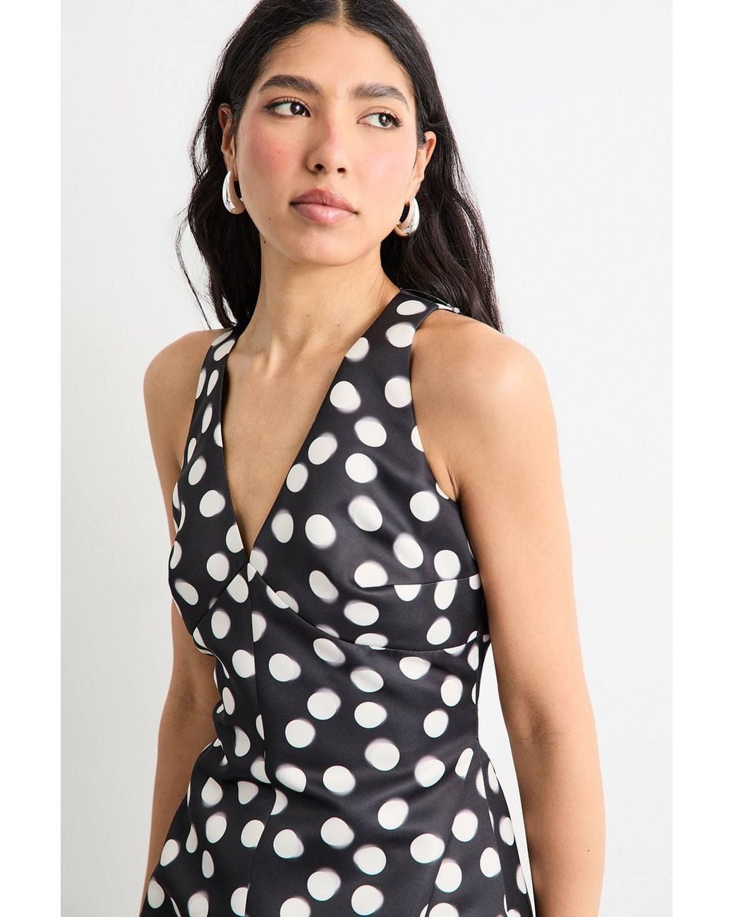 Warehouse Black Satin Structured Polka Dot Print Mini Dress
