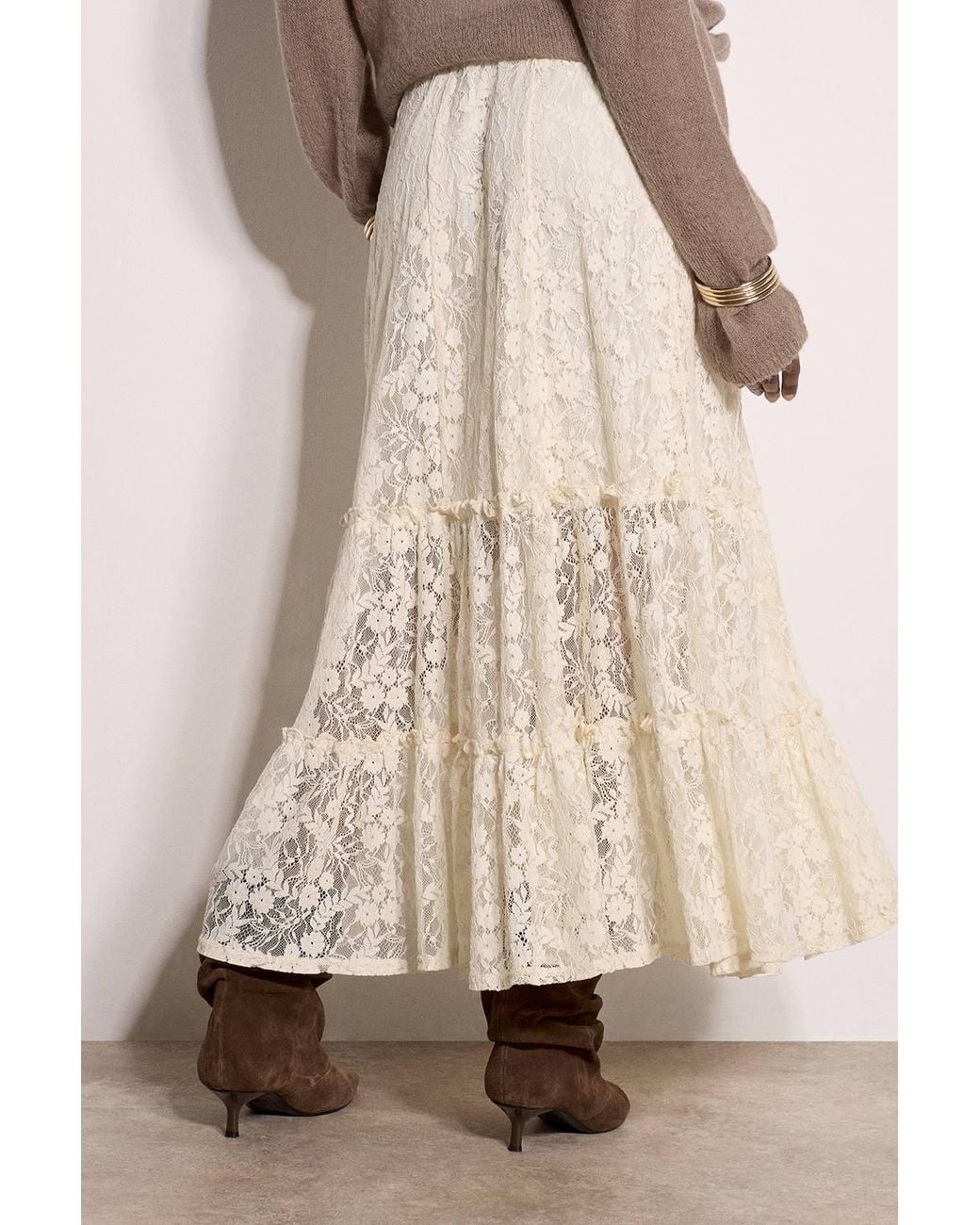 Apricot Brown Floral Lace Tiered Midi Skirt