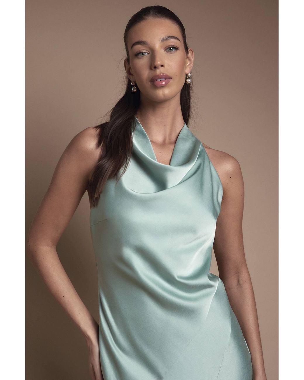 Oasis Green Cowl Halterneck Satin Maxi Bridesmaid Dress