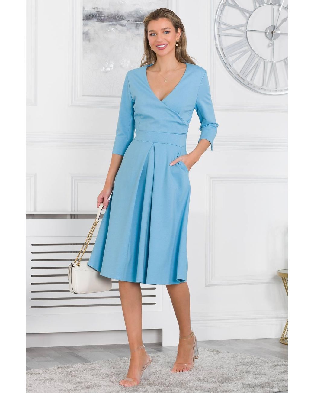 Jolie Moi Blue Paige 3/4 Sleeve Wrap Dress