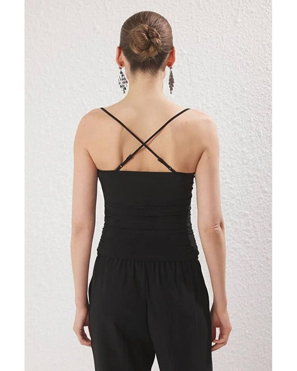 WOVCOR Black Lace Trim Ruched Strappy Blouse Top