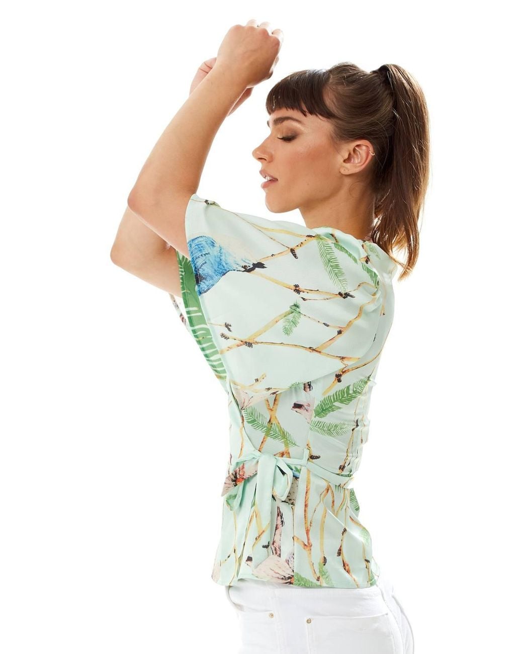 Liquorish Green Bird Print Wrap Top