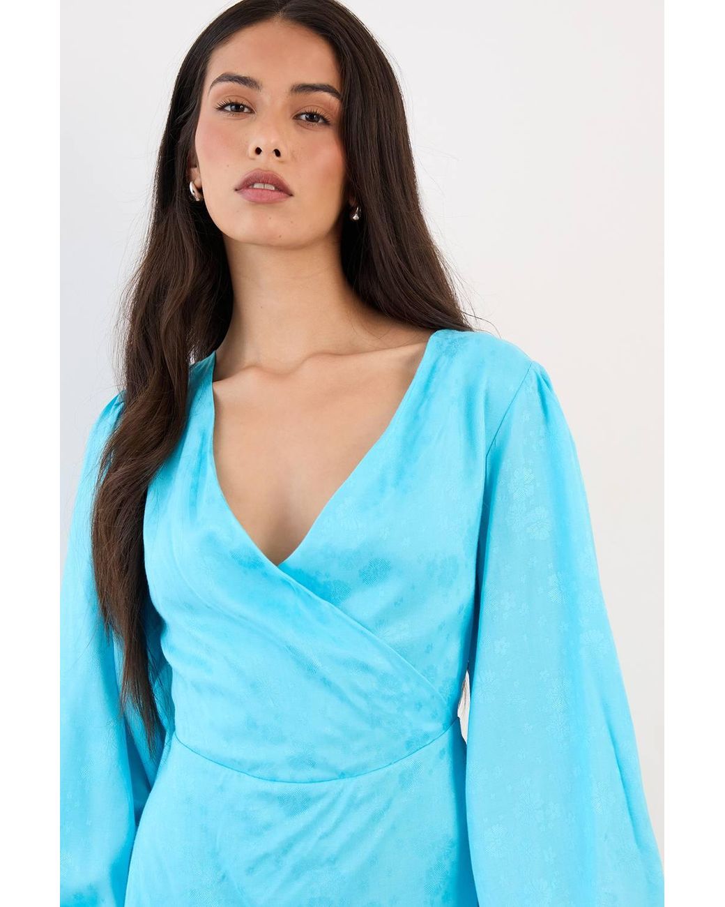 Warehouse Blue Blouson Sleeve Jacquard Mini Dress