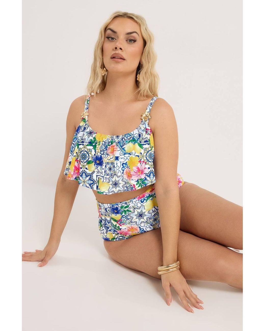Yours Blue Mediterranean Tile Frill Bikini Top