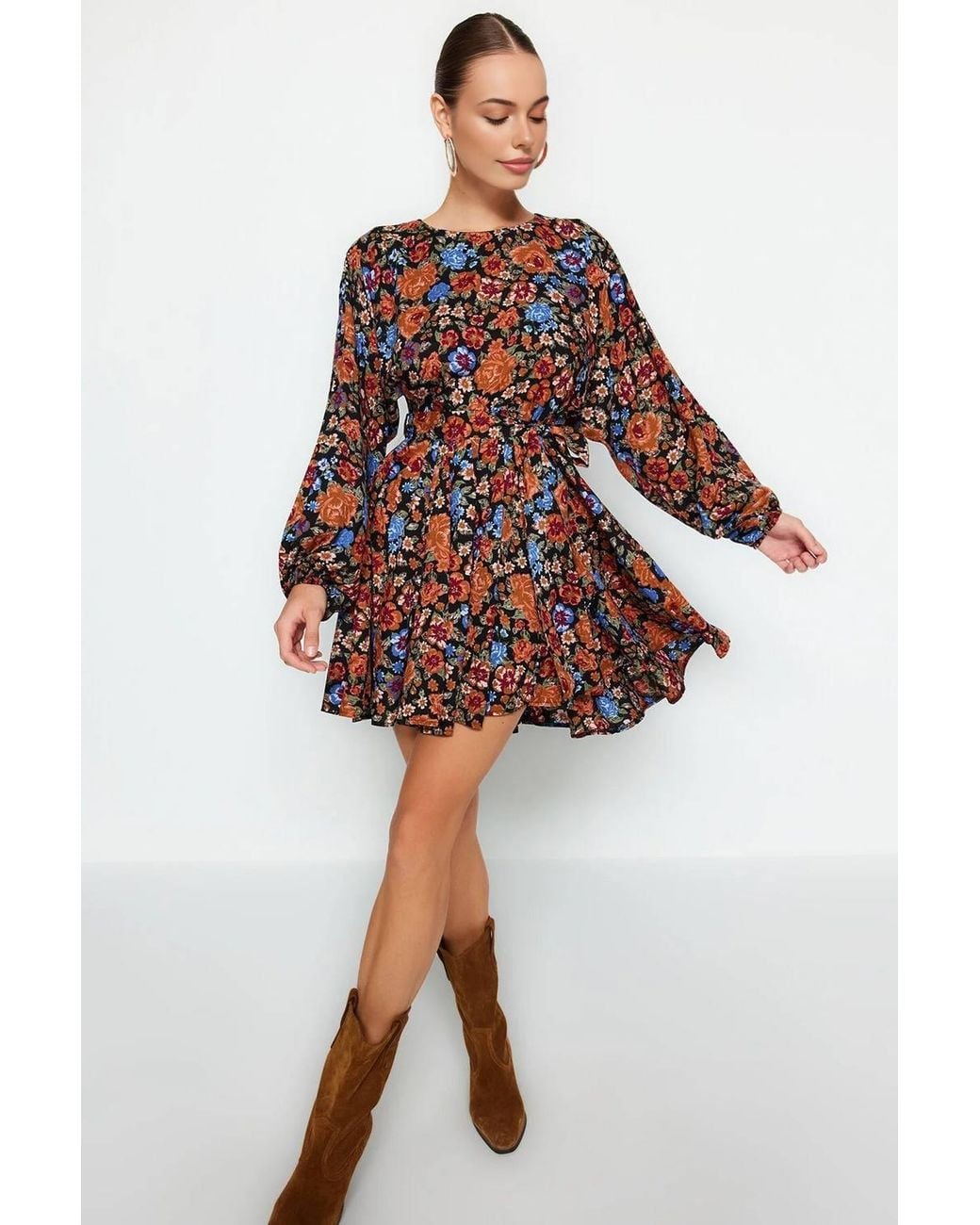 WOVCOR Red Floral Print Long Sleeve Tie Waist Mini Dress