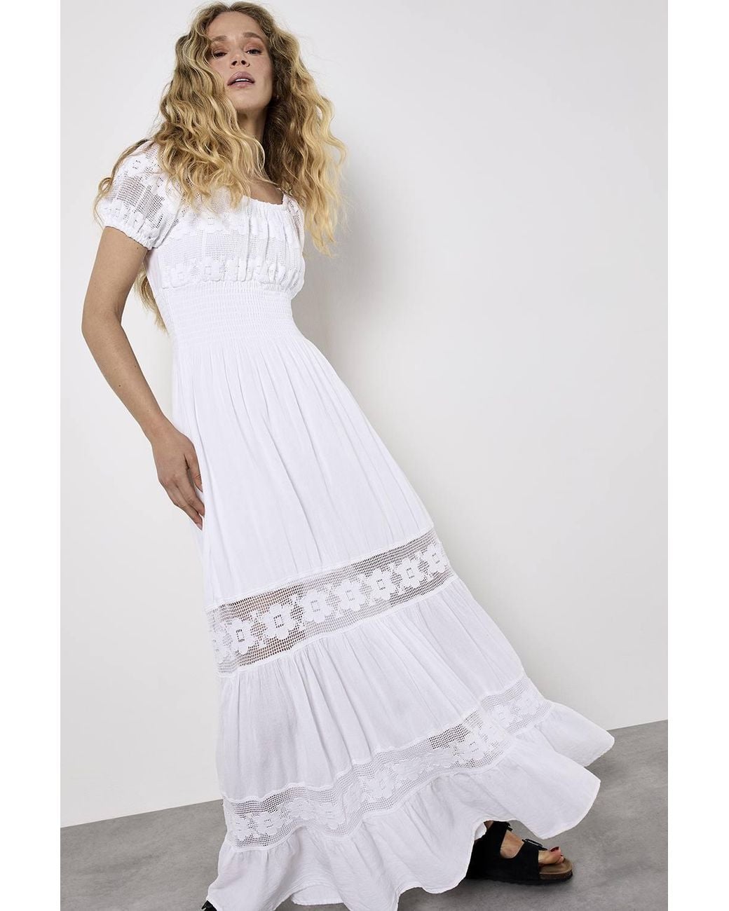 Apricot White Floral Lace Cotton Milkmaid Maxi Dress