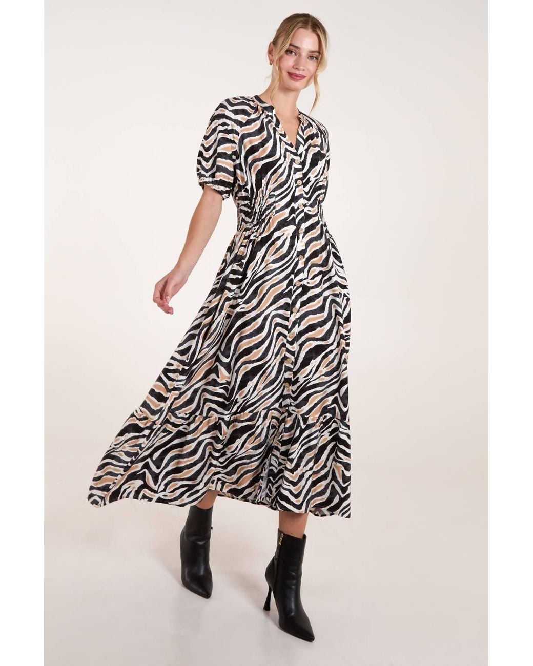 Blue Vanilla Natural Shirred Waist Button Front Puff Sleeve Midi Dress