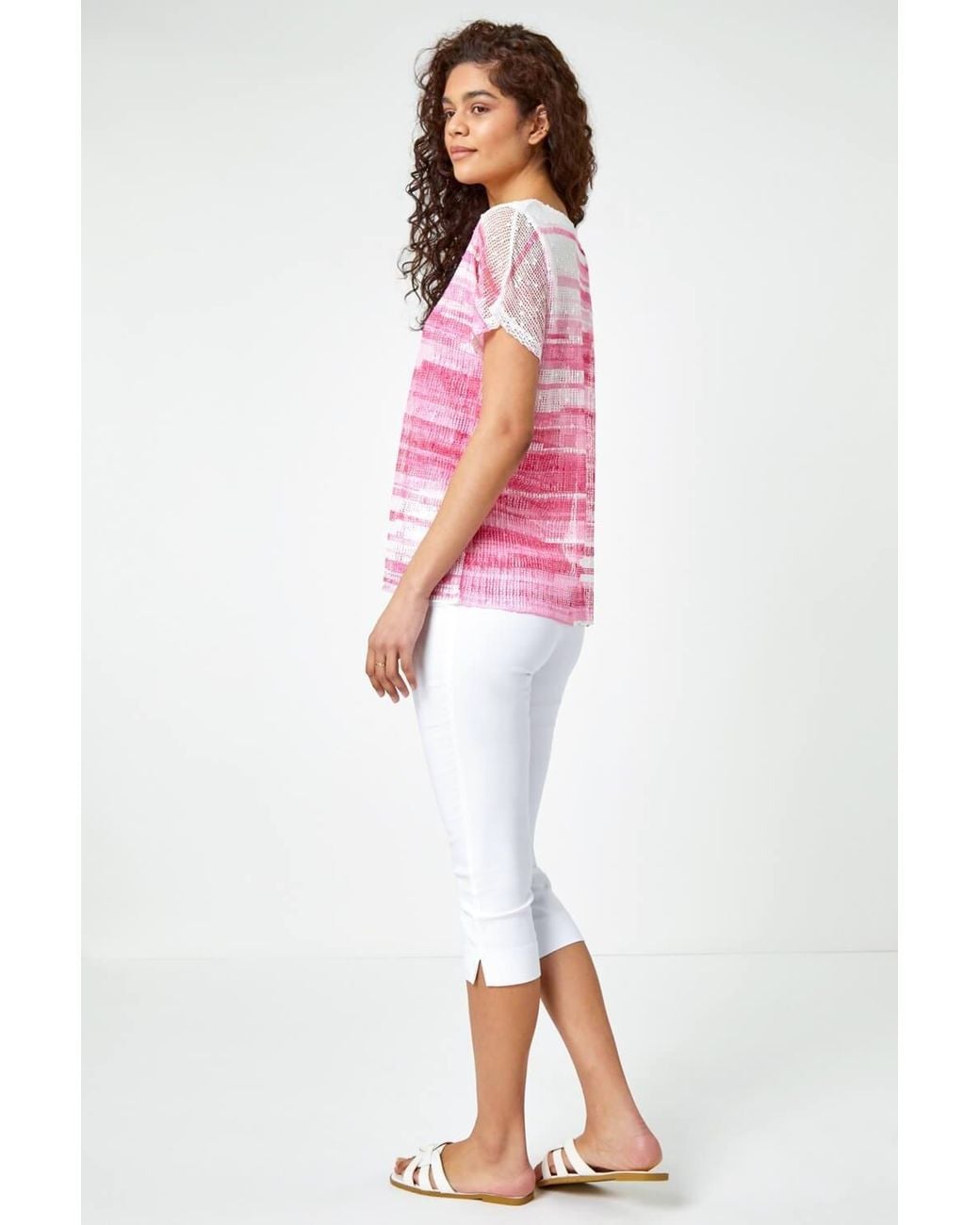 Roman Red Stripe Print Mesh Overlay Top