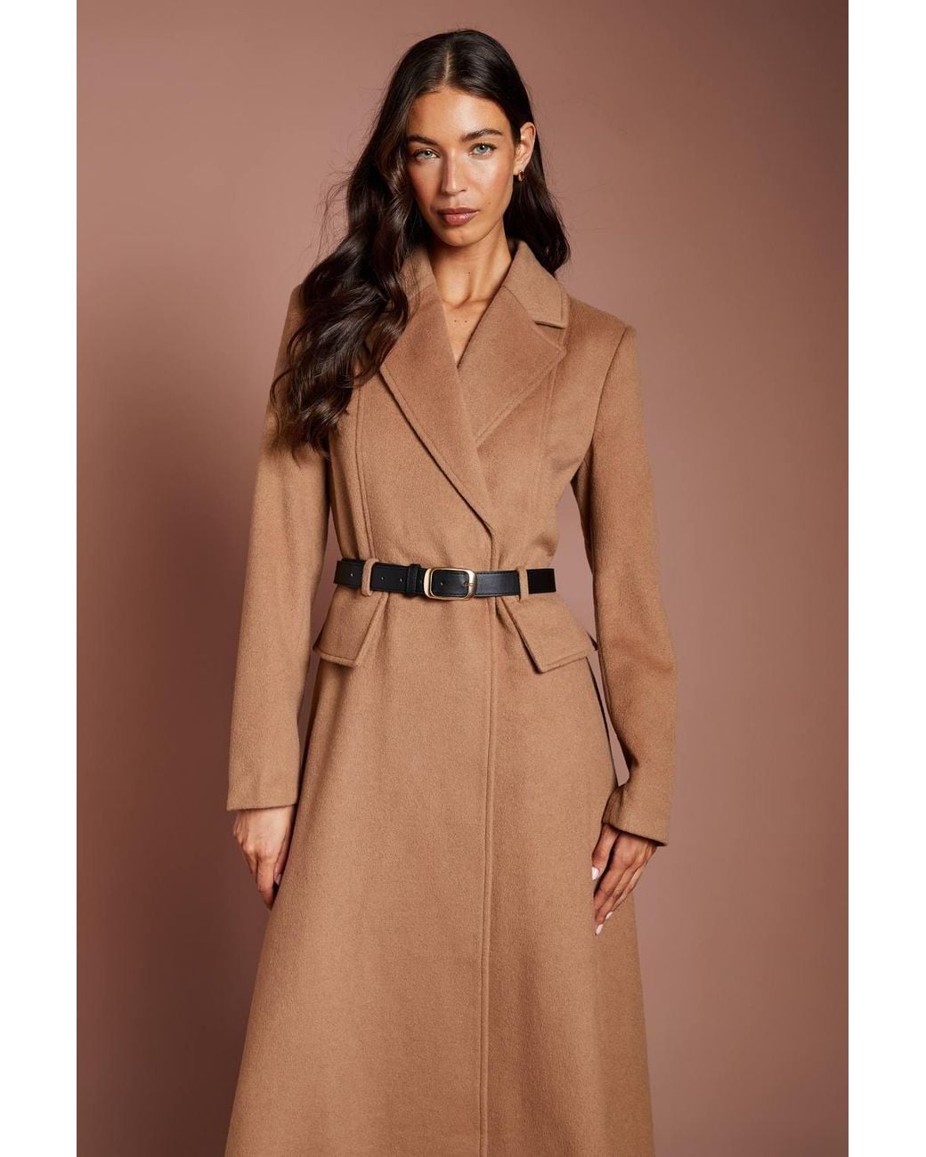 Coast Brown Lisa Tan Occasion Skirt Detail Belted Longline Coat