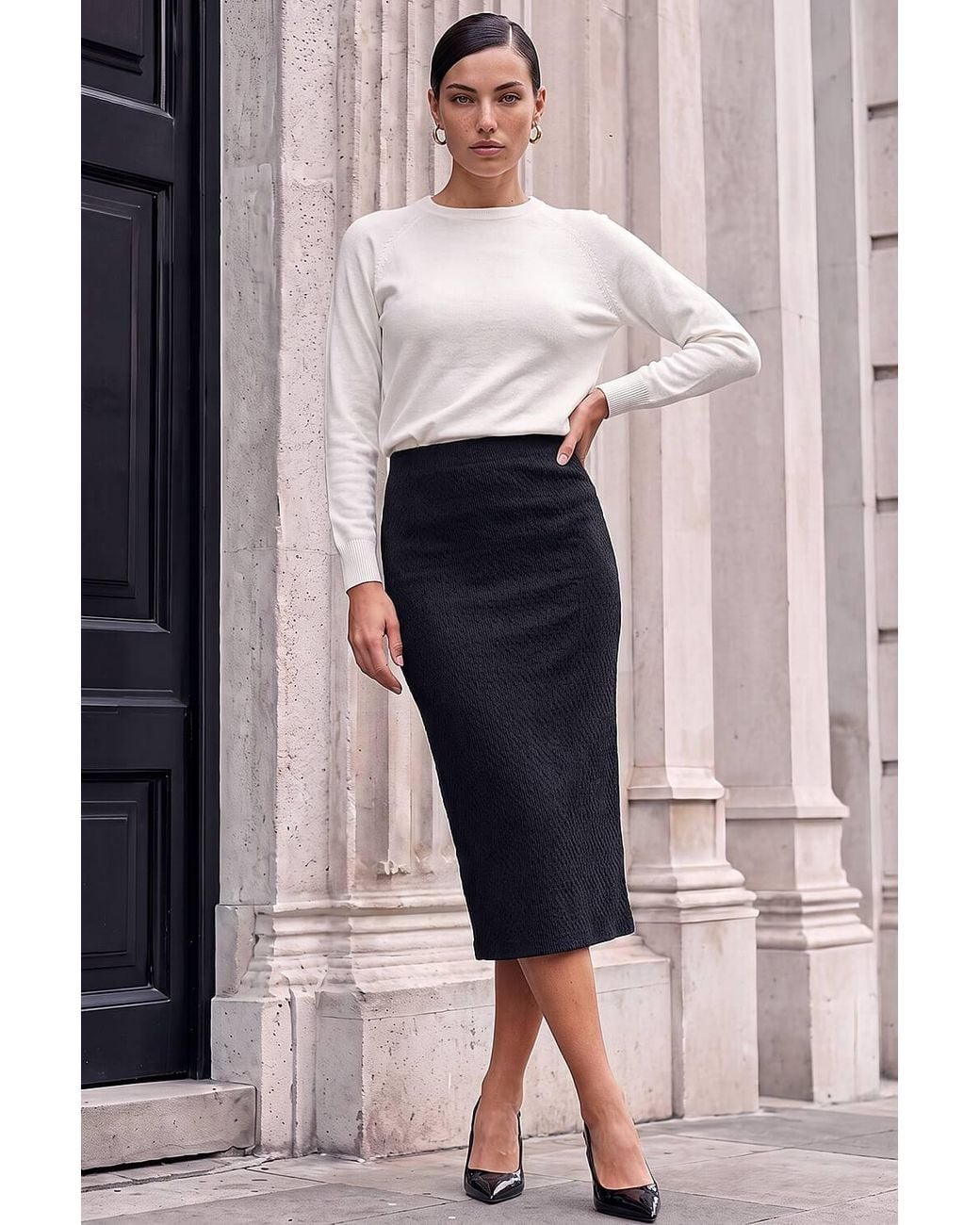 Roman Blue Textured Elastic Waist Pencil Midi Skirt