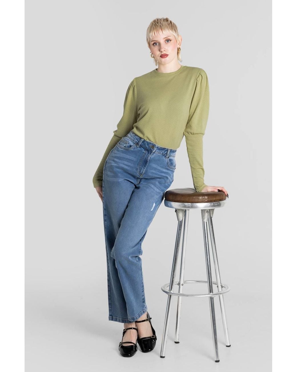 Enorsia Green Long Sleeve Crew Neck Jersey Top W/ Puff Sleeve