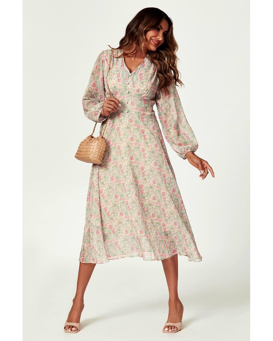 FS Collection Multicolor Floral Print Long Sleeve Midi Dress