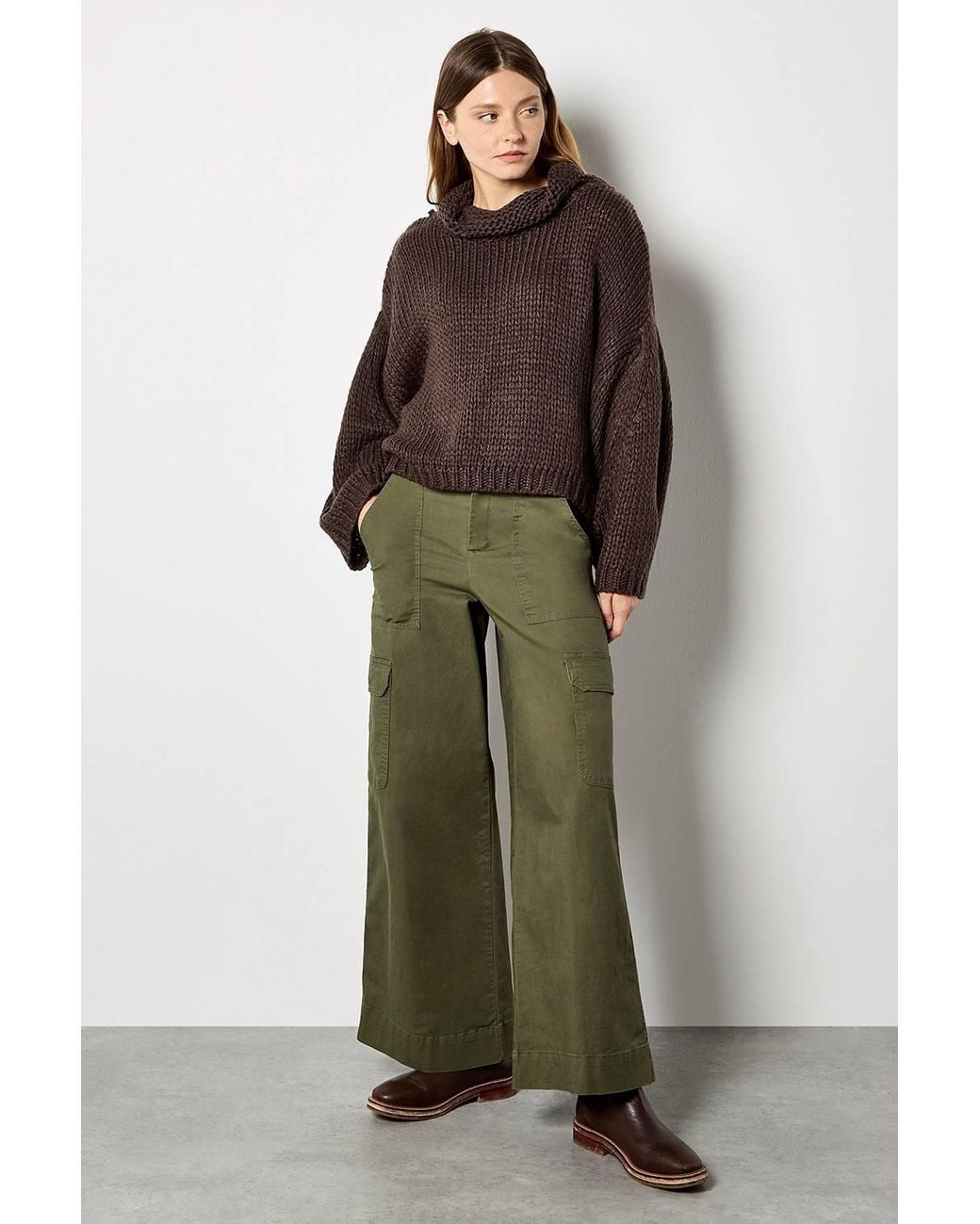 Apricot Brown Chunky Knit Roll Neck Oversized Jumper