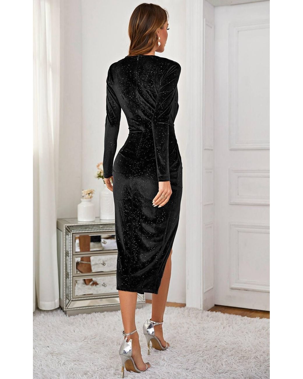 FS Collection Black Star Night Sky Velvet Wrap Long Sleeve Midi Dress