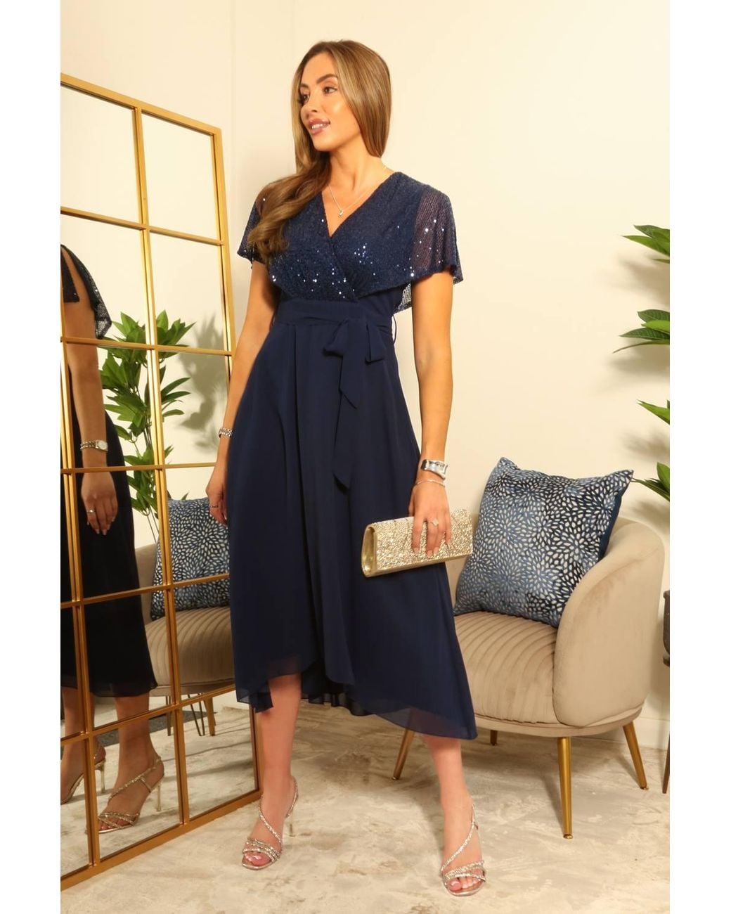 Double Second Blue Chiffon Dress With Sequin Cape