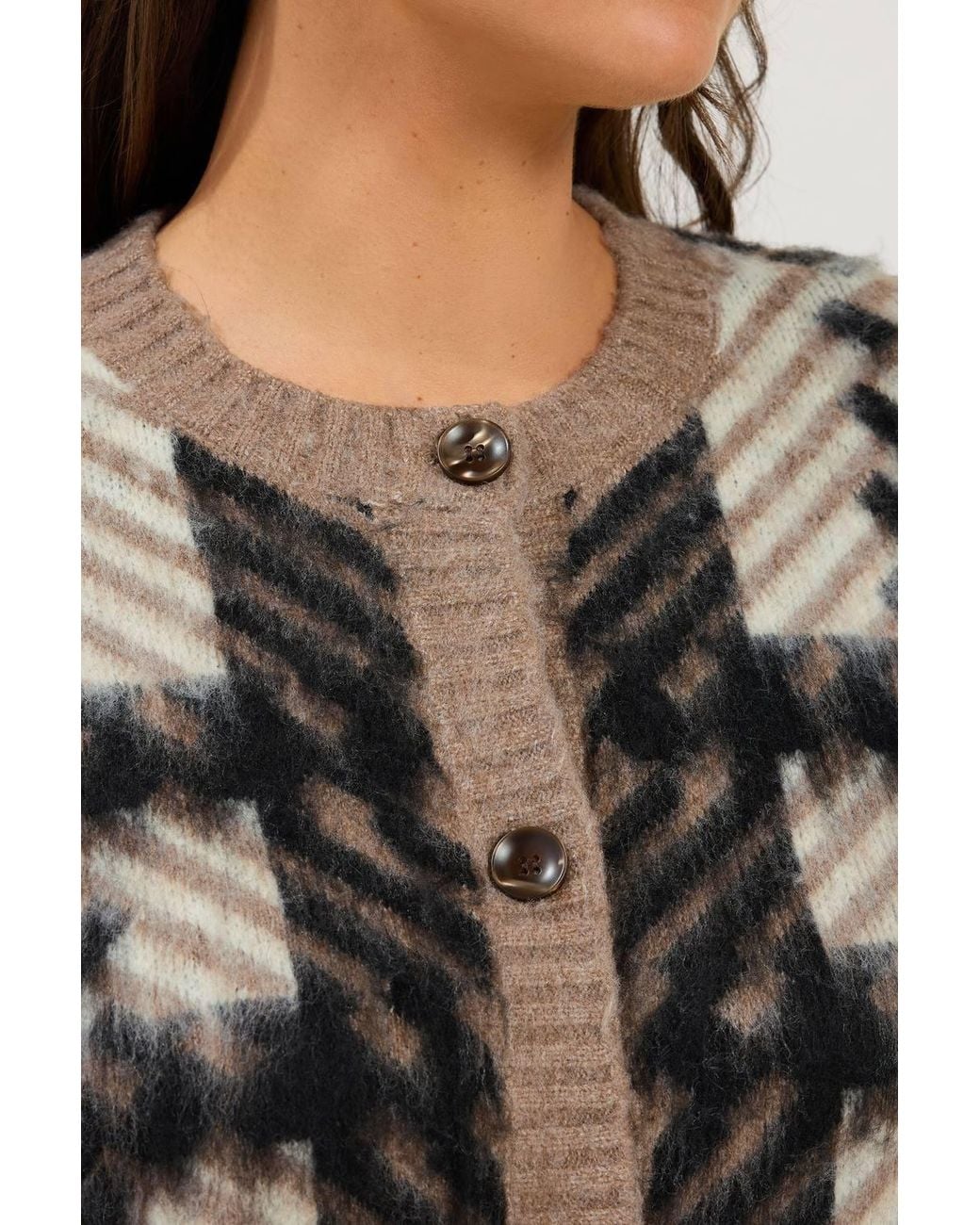 Yours Brown Check Crew Neck Cardigan