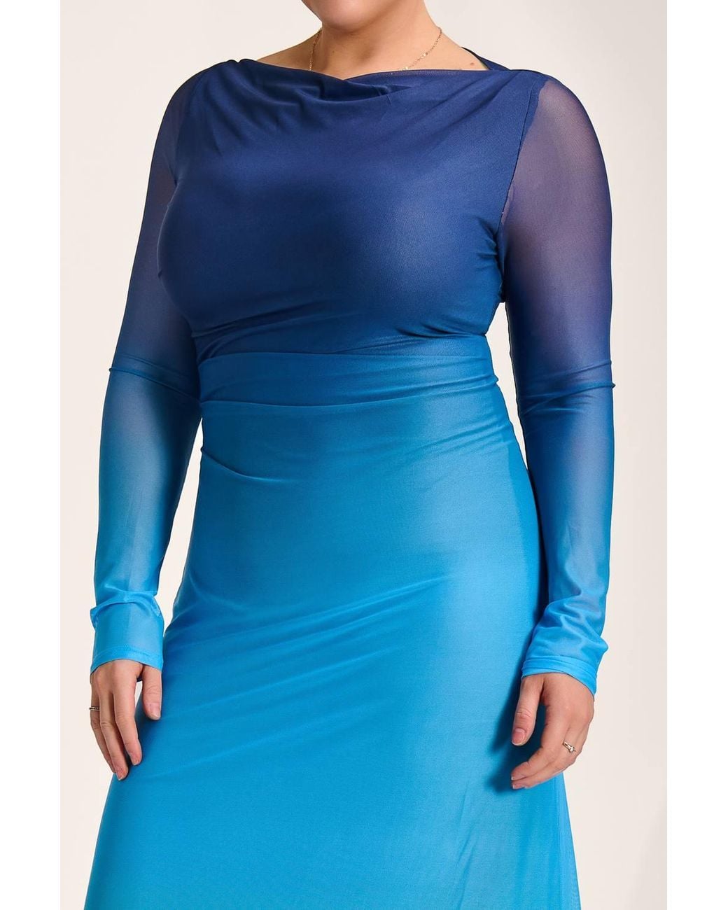 Jolie Moi Blue Long Sleeve Slash Neck Mesh Maxi Dress