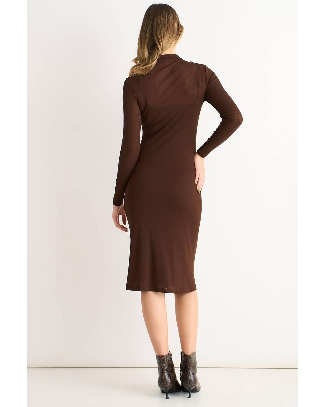 Gini London Brown Ruched Jersey Long Sleeves Midi Dress