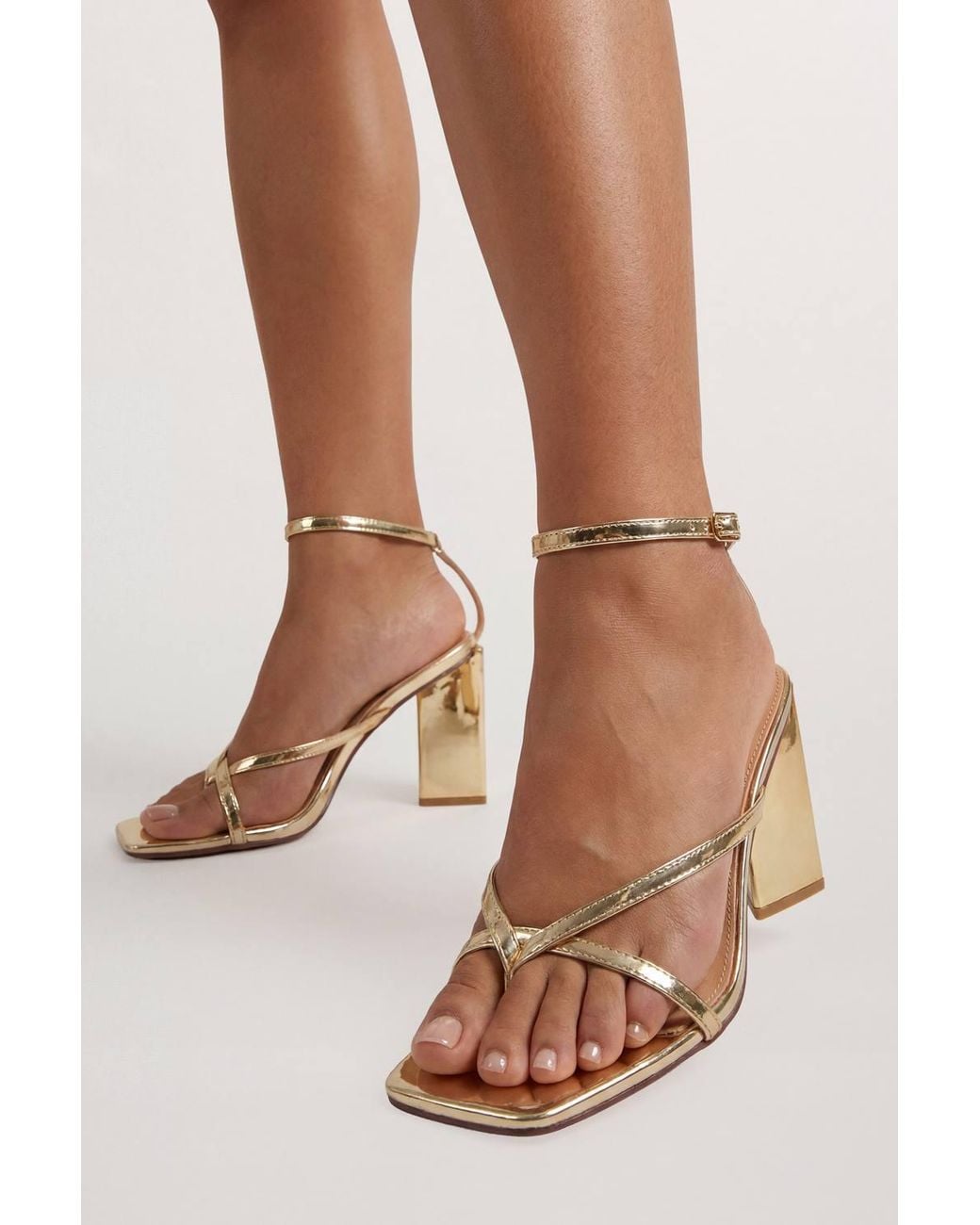 MissPap Brown Faux Metallic Leather Cross Strap Toe Post High Block Heel Sandals