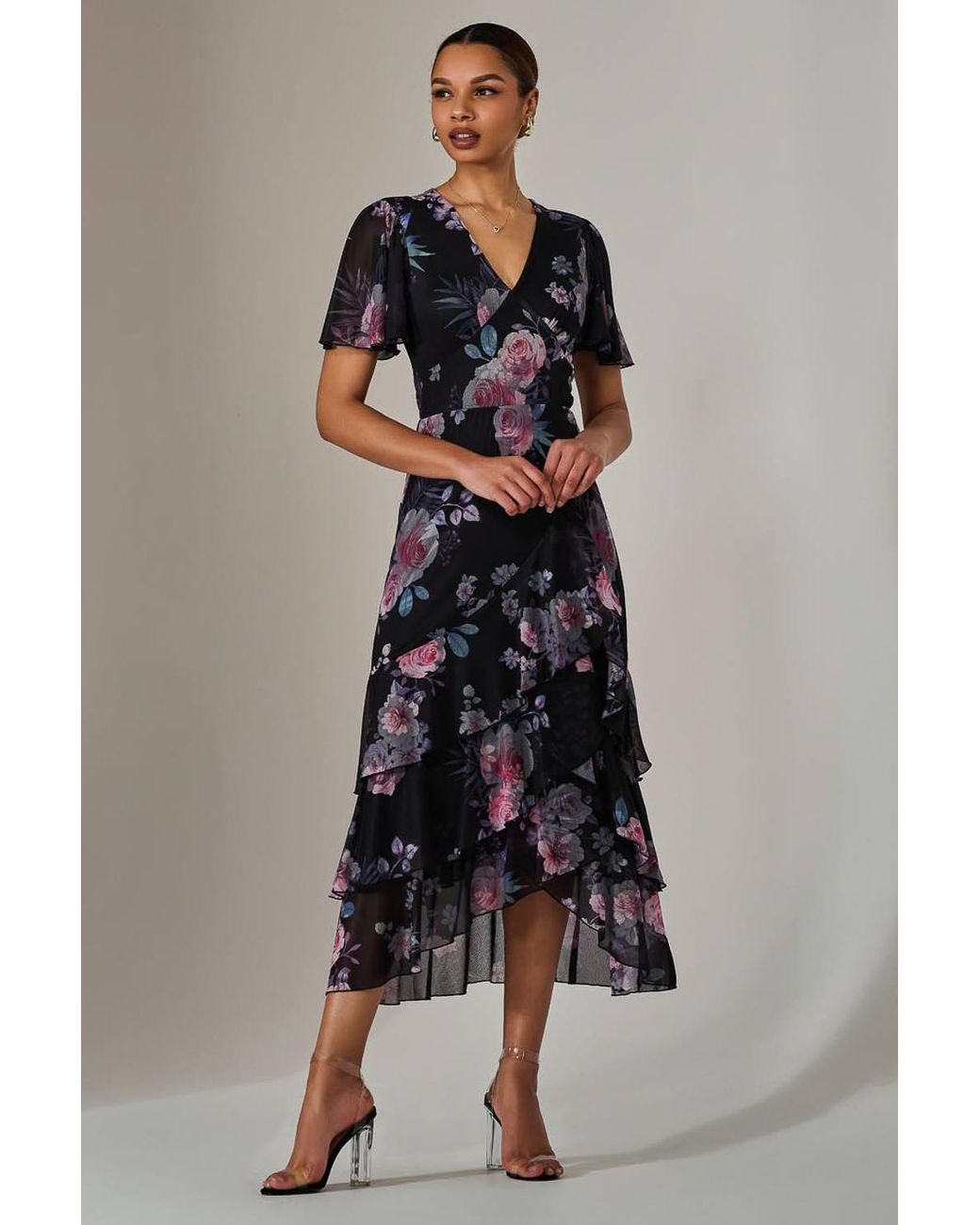 Jolie Moi Black Mesh Print Frill Hem Midaxi Dress