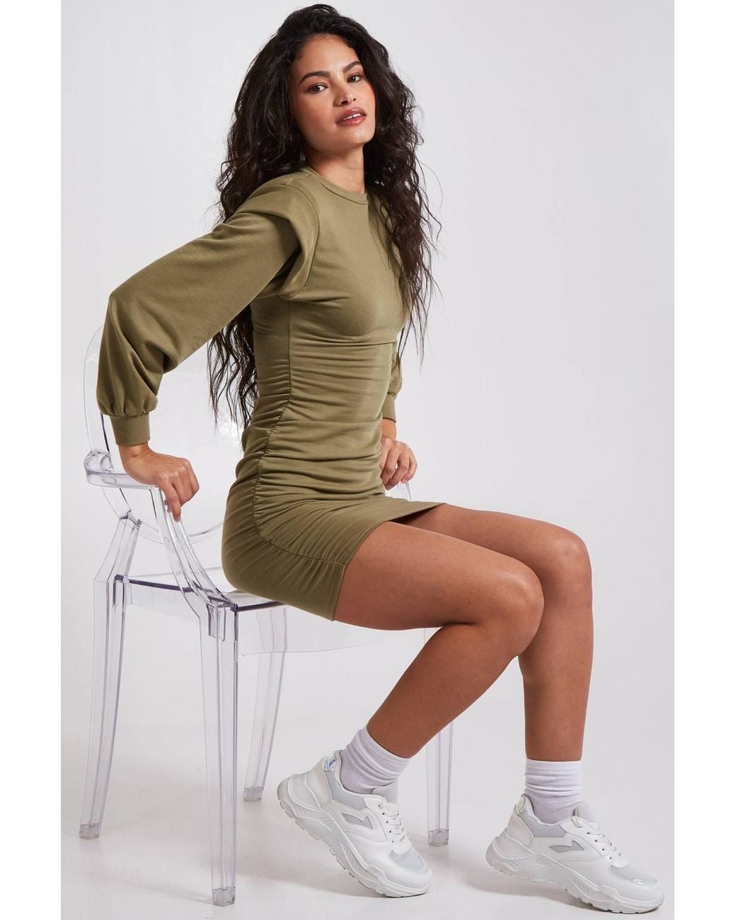 Pink Vanilla Green Hooded Shoulder Pad Gathered Hem Dress