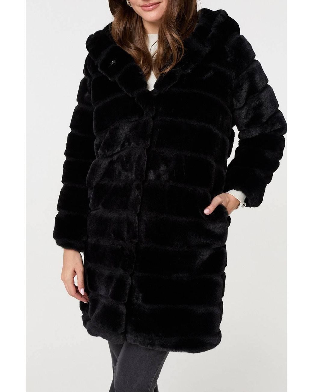 Izabel London Black Faux Fur Thigh Length Hooded Jacket