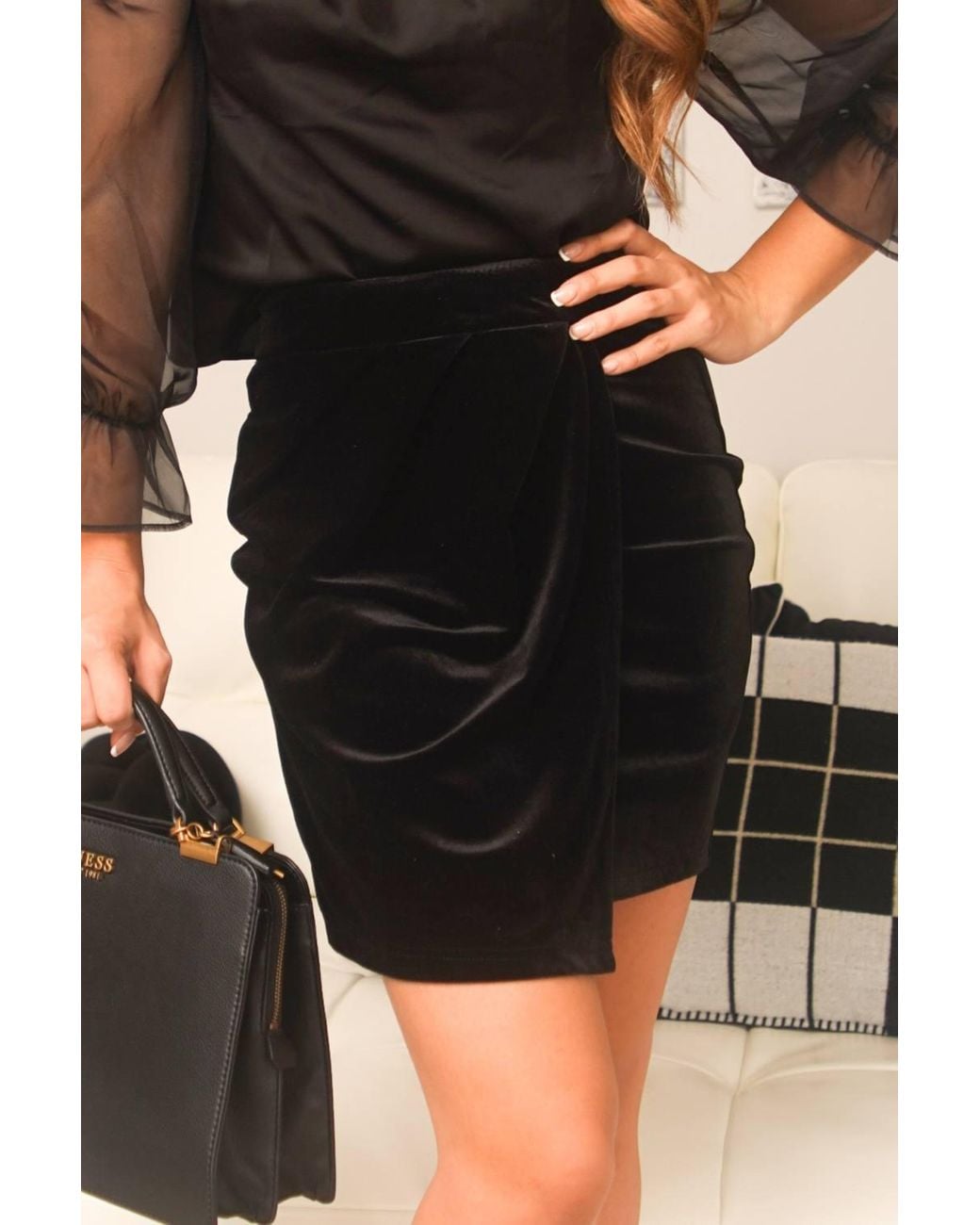 Double Second Black Velvet Skirt W/ Pleat Detail