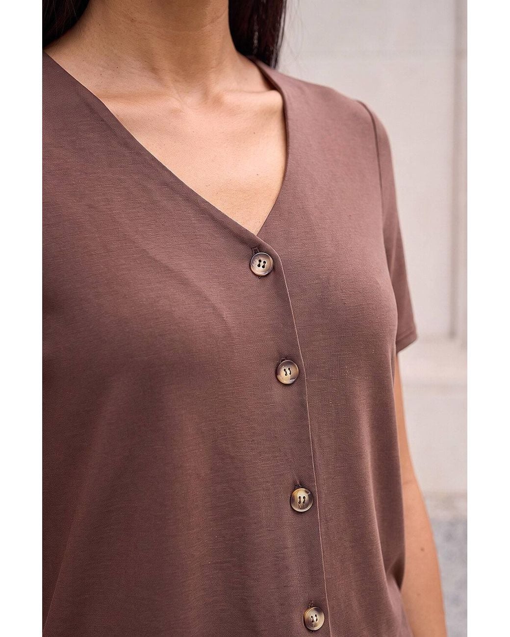 Roman Blue Petite V-Neck Buttoned Blouse