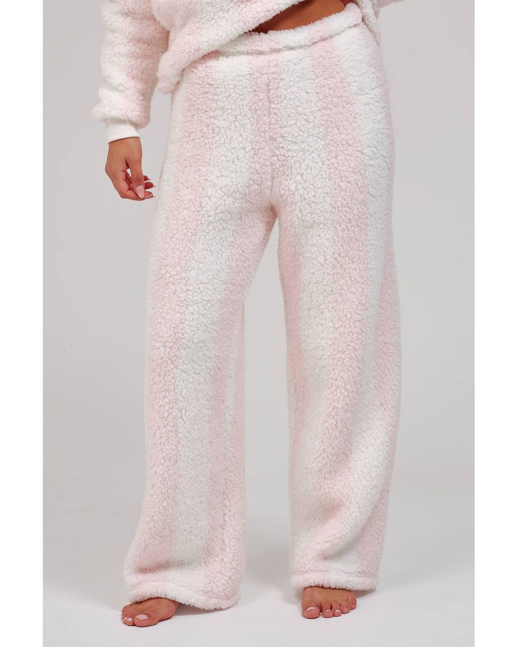 Loungeable Pink Stripe Cosy Borg Fleece Jumper & Wide Leg Lounge Set
