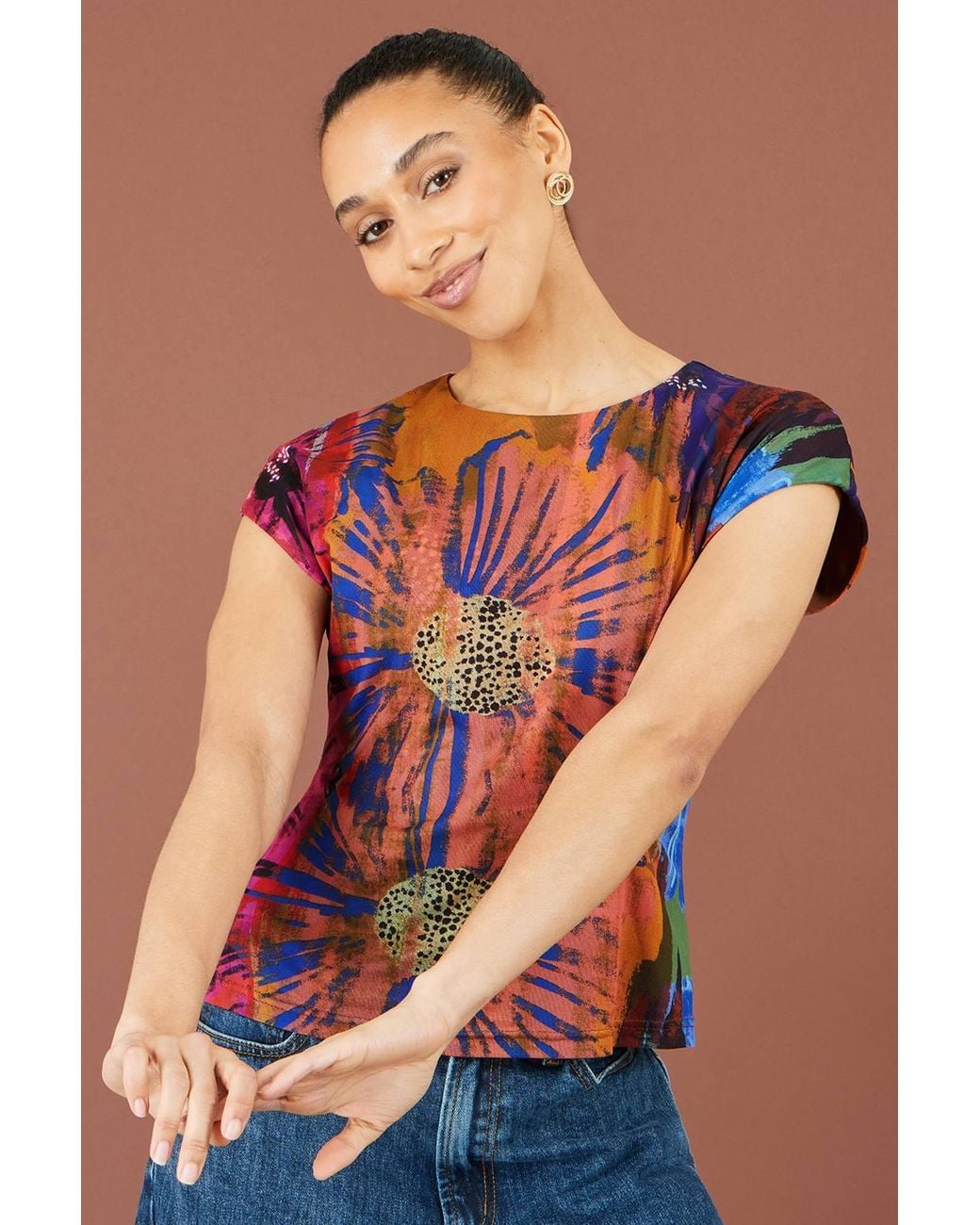 Yumi' Red Multicolour Floral Mesh Top