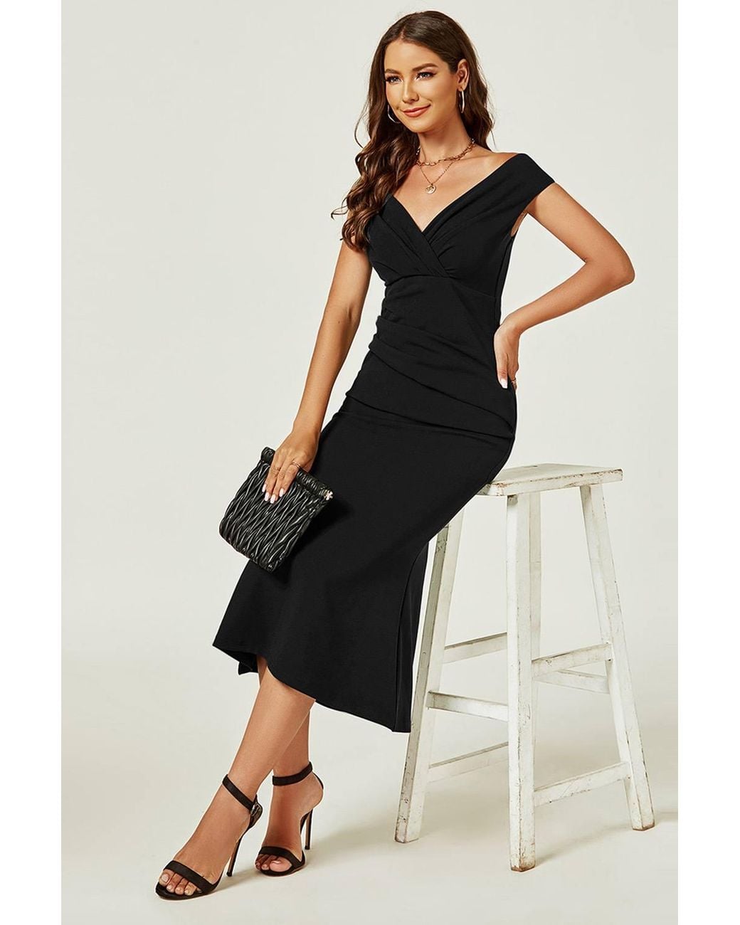FS Collection Black Bardot Pleated Occasion Midi Dress