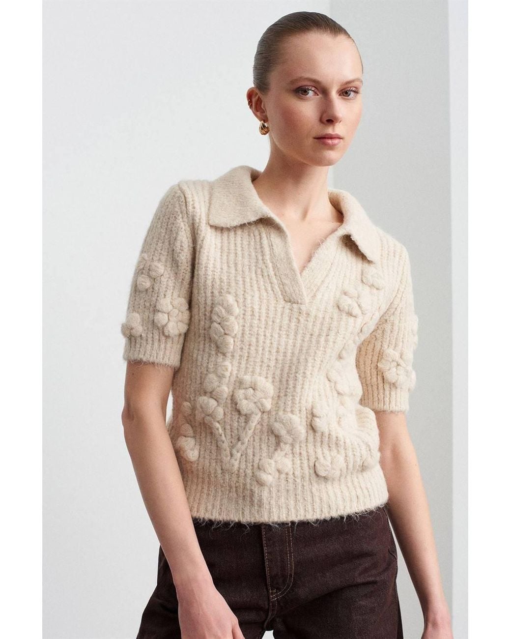 Dilvin Natural Textured Ribbed Polo-Collar Sweater