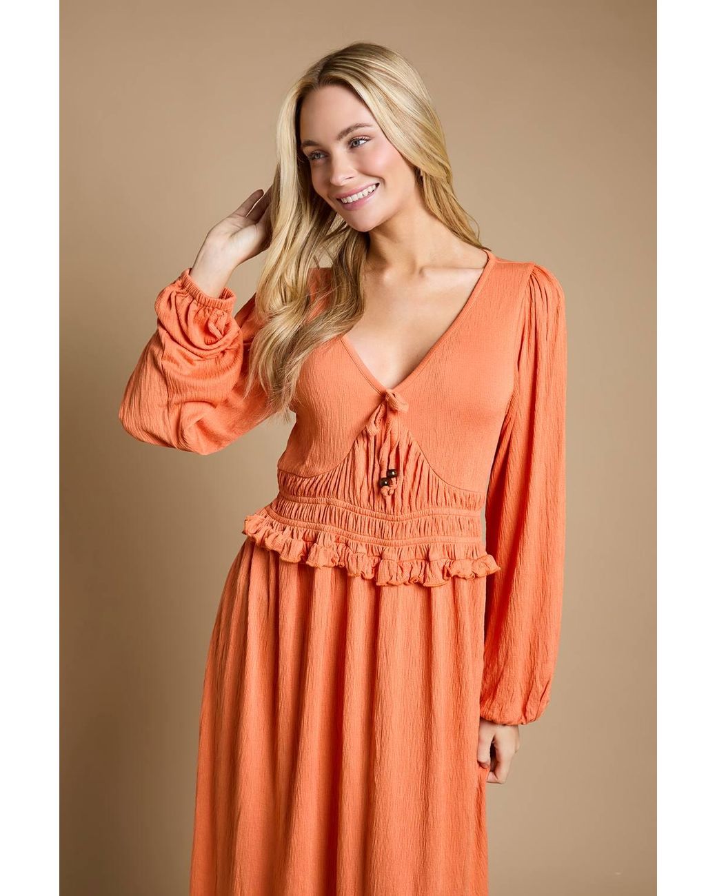 Dorothy Perkins Orange V Neck Shirred Waist Puff Sleeve Jersey Midi Dress