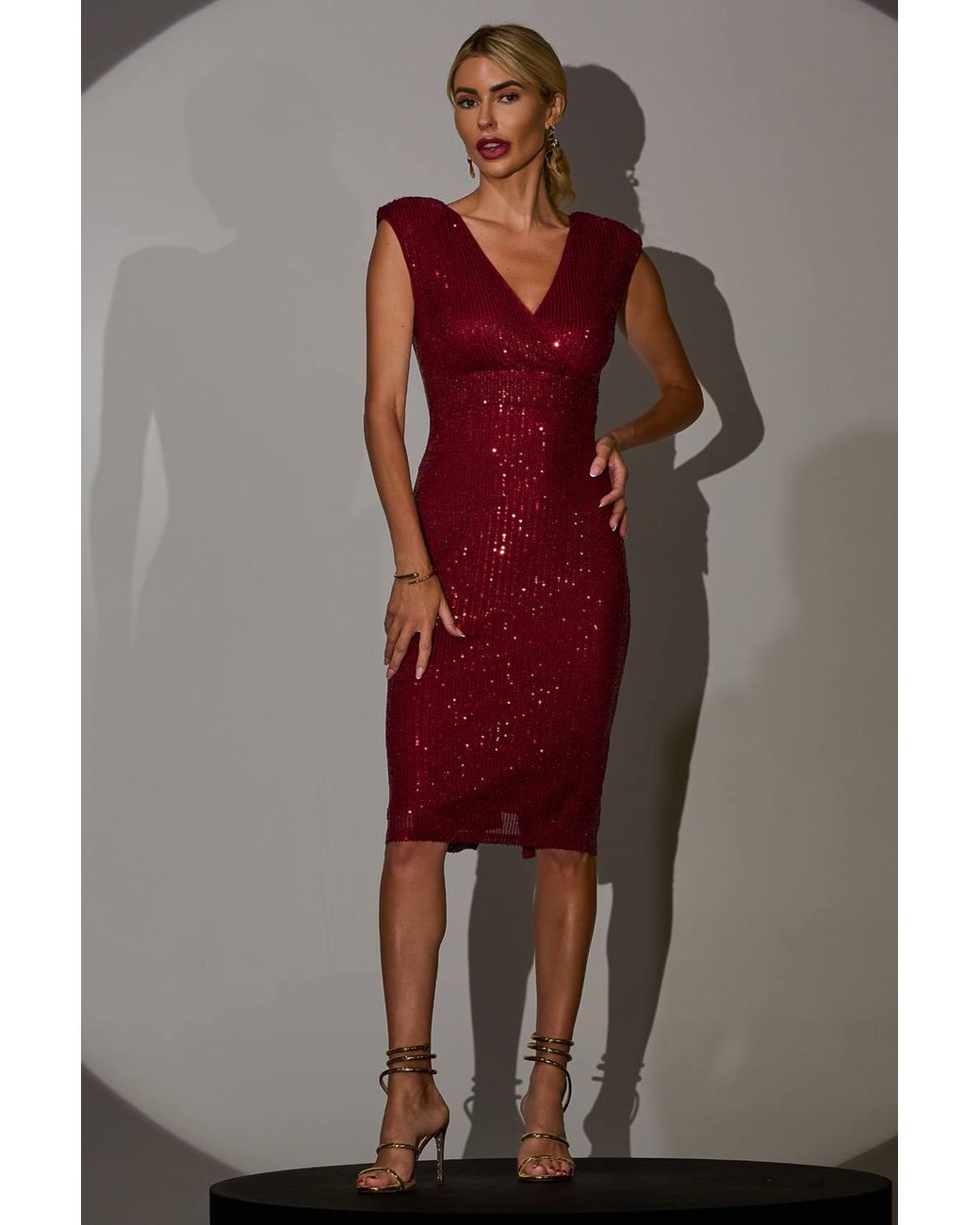 Jolie Moi Red Sequin Wrap Bodycon Midi Dress W/ Shou