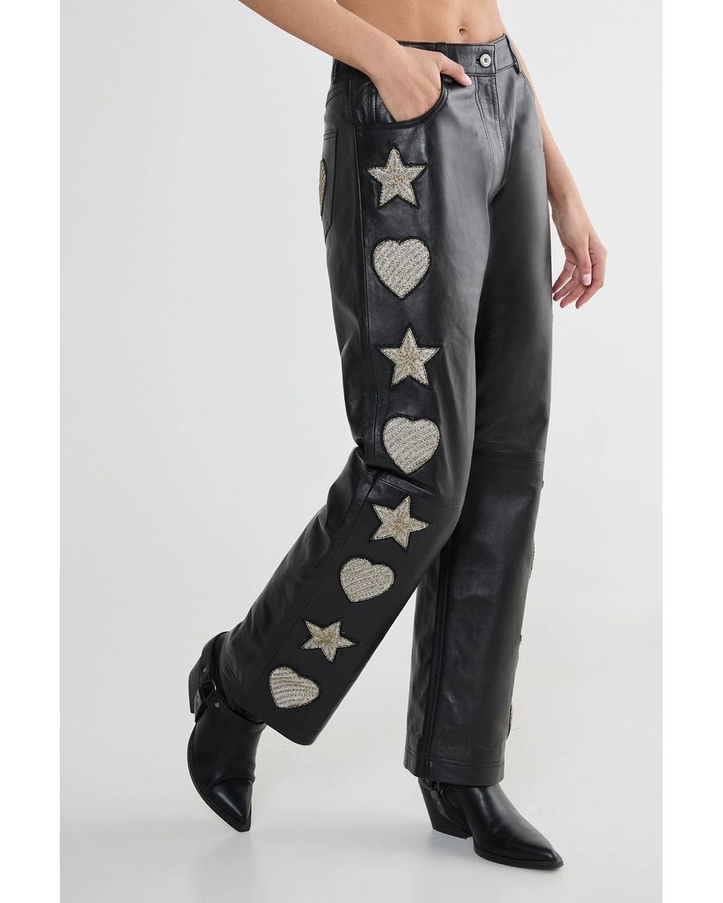 Nasty Gal Black Real Leather Star And Heart Patched Pants