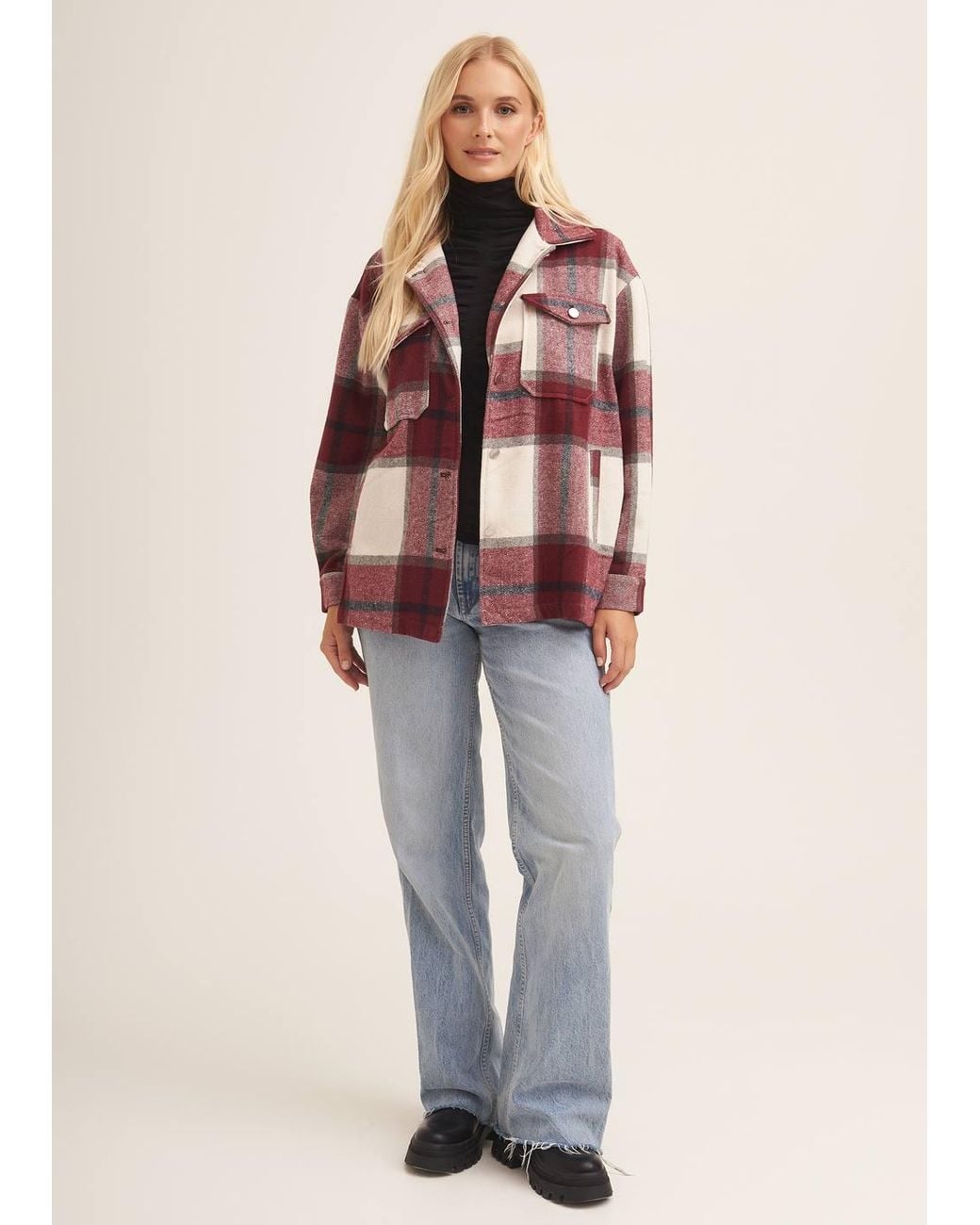 Gini London Red Check Oversized Pocket Detail Shacket Jacket