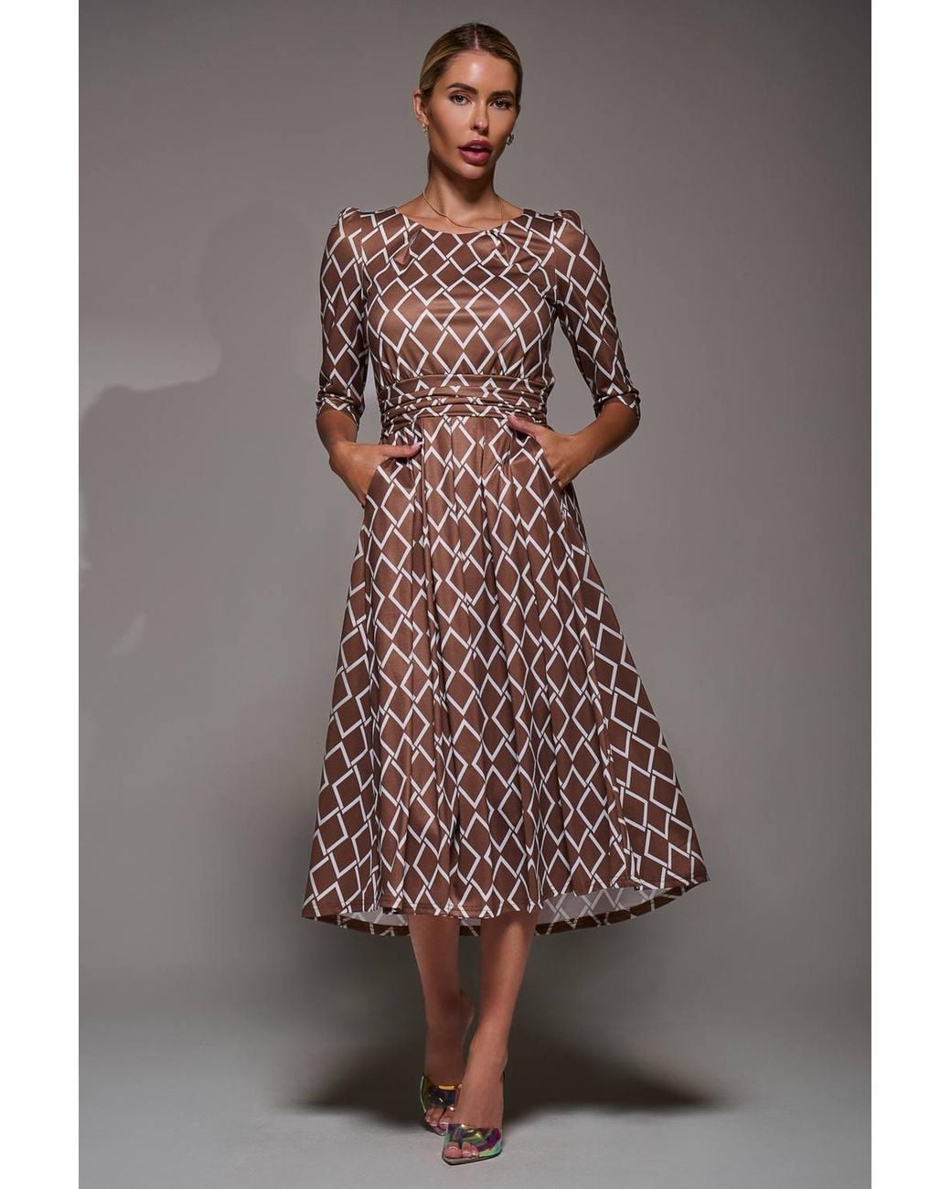 Jolie Moi Brown Three Quarter Sleeve Jersey Midi Dress