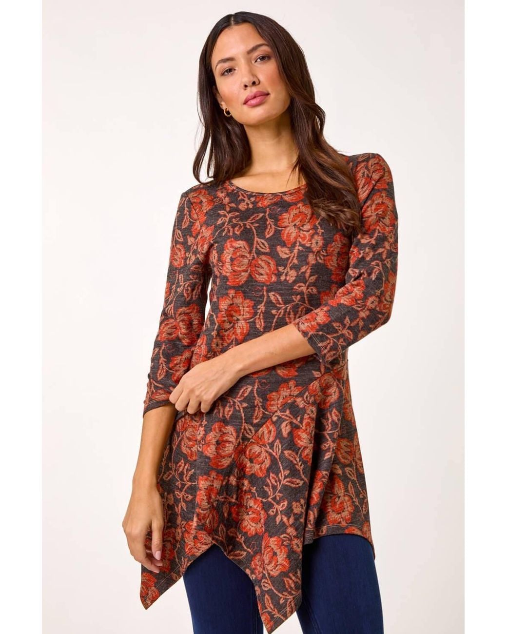 Roman Red Floral Print Hanky Hem Tunic Top