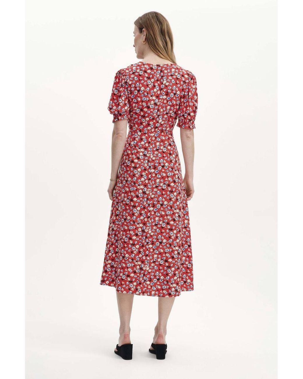 Finery London Red Eilish Lace Trim Midi Dress