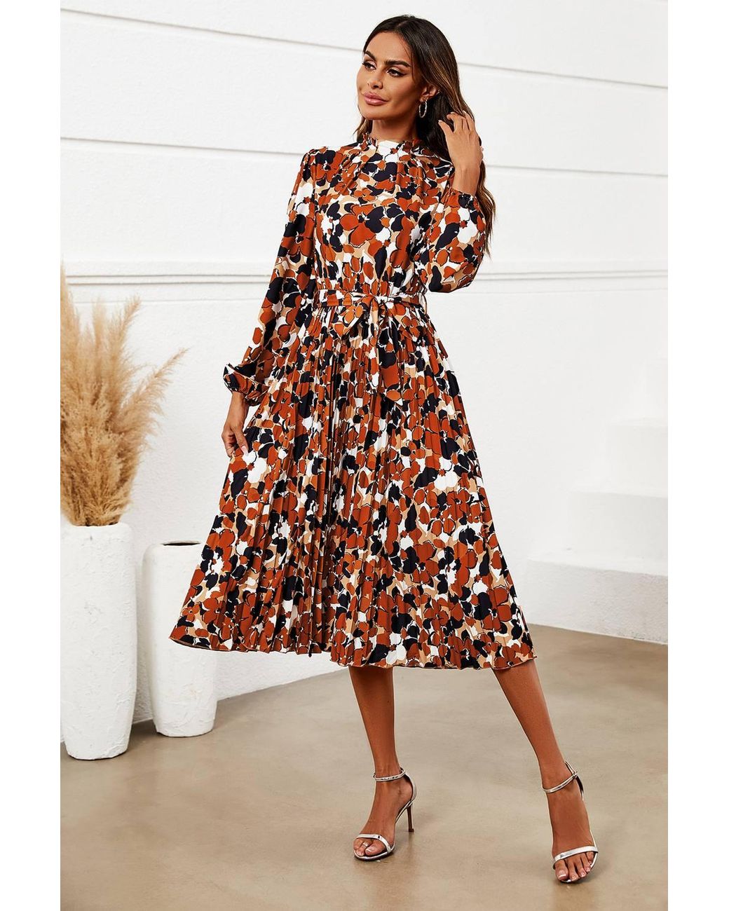 FS Collection White Floral Print High Neck Long Sleeve Midi Dress