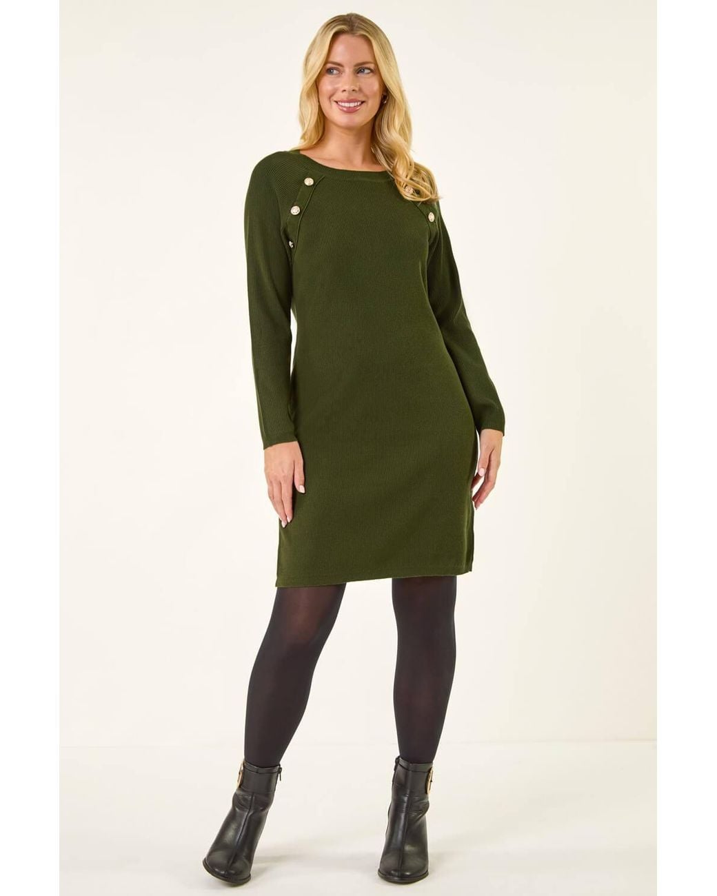 Roman Green Petite Button Detail Knit Dress