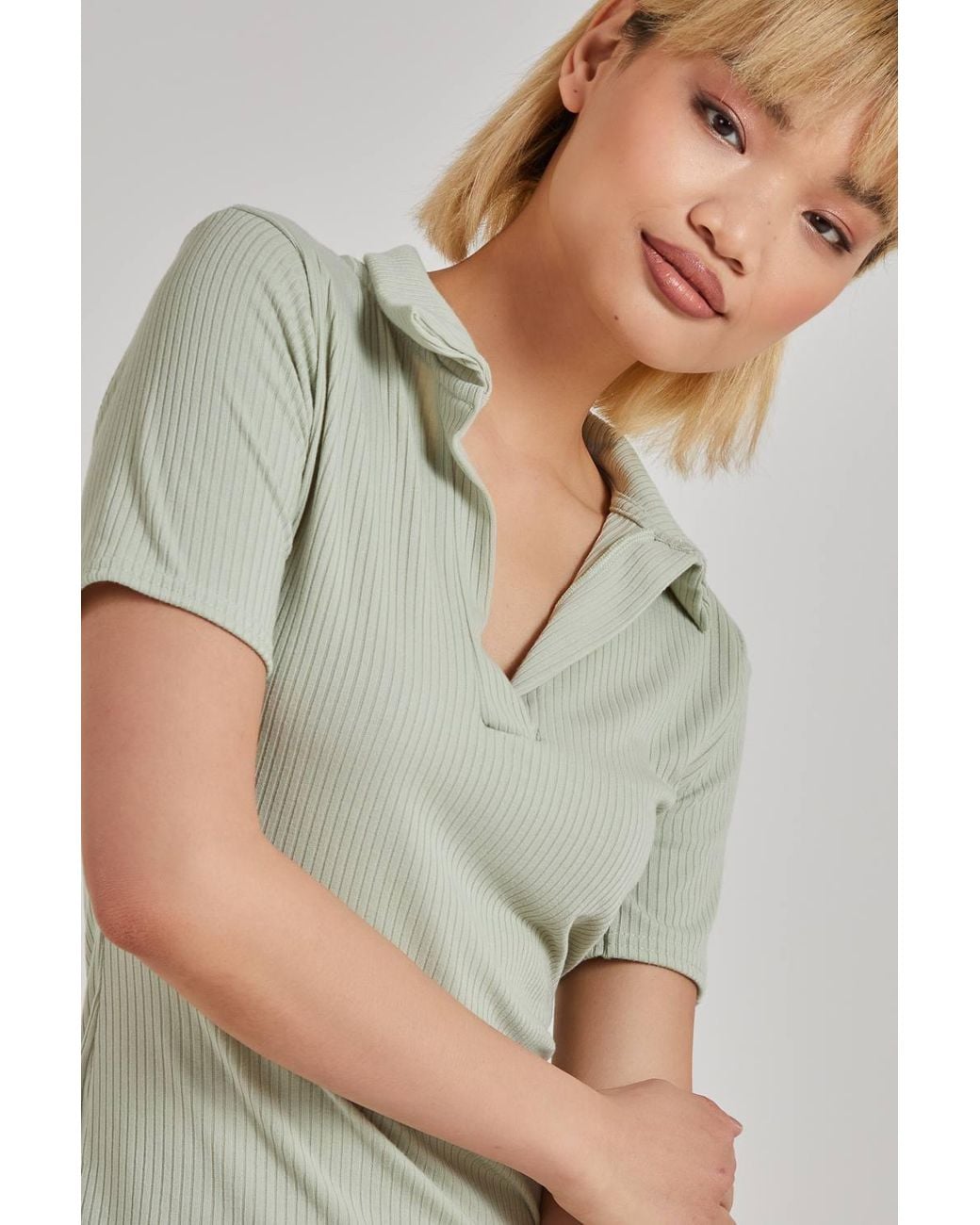 Pink Vanilla Green Short Sleeve Collar Neck Rib Mini Dress