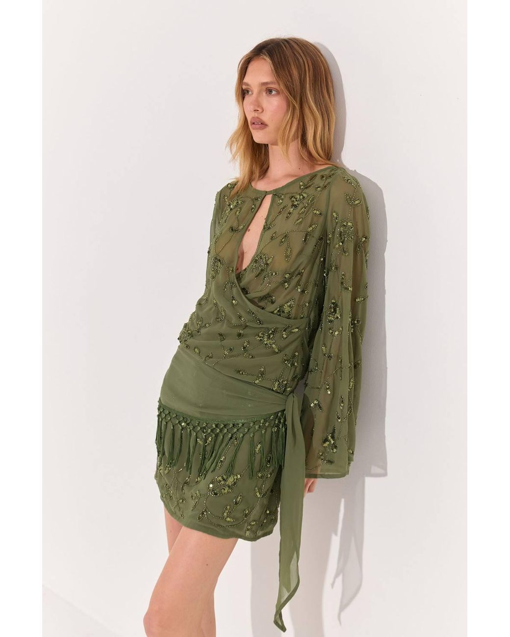 Warehouse Green Premium Embellished Tassle Detail Mini Dress