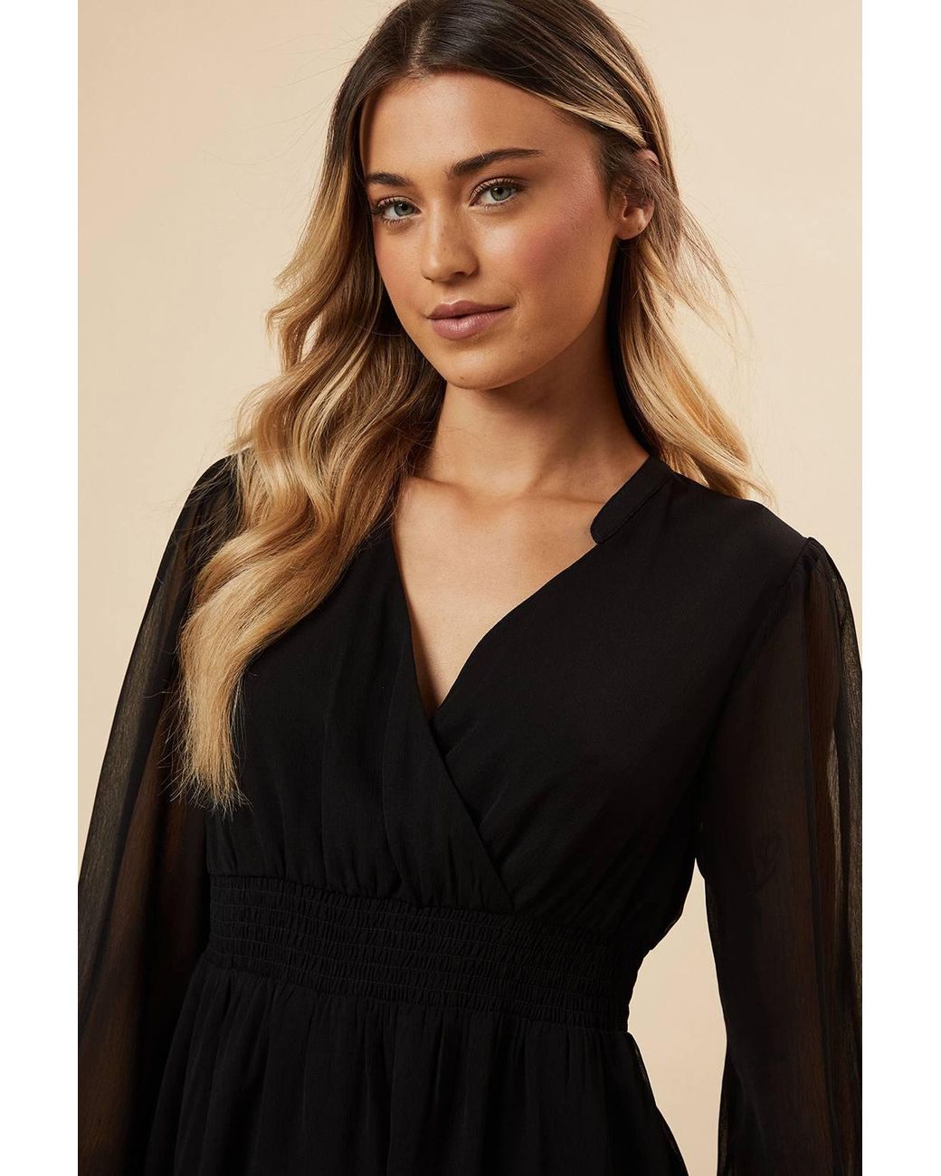 Dorothy Perkins Black Chiffon Long Sleeve Shirred Waist Mini Dress